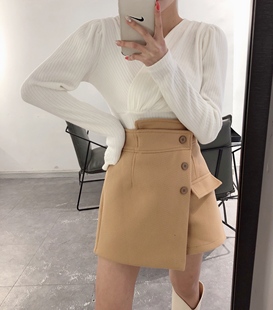 毛呢裤裙2020冬季韩版气质高腰显瘦不对称单排扣设计半身裙女