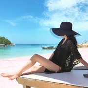 2022韩国夏季沙滩外套宽松长套头比基尼泳衣蕾丝镂空钩花罩衫