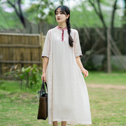 浅粉色绣花苎麻，宽松连衣裙2022年夏季新中式，高端五分袖薄款长裙