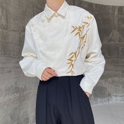 秋季高级感提花绣竹衬衫男长袖小众盘扣设计感复古新中式国风衬衣