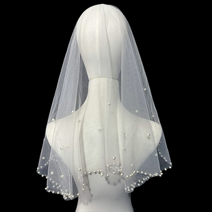 新娘结婚主婚纱头纱，超仙森系短款珍珠头纱，盖头单层钉珠头纱头饰