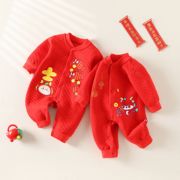 大红婴儿保暖连体衣新生儿空气棉睡衣秋冬夹棉连身衣三层棉新年装