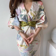 韩国chic夏季法式优雅交叉V领花色印花扭结收腰显瘦茶歇连衣裙女