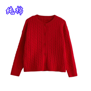 纯棉针织开衫外套女圆领麻花毛衣，全棉加厚线衣，宽松重工红色厚款冬