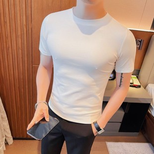 圆领t恤男短袖修身夏季纯棉，弹力紧身纯色百搭半袖体恤打底衫