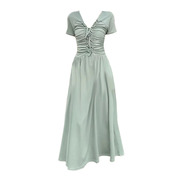 大码胖mm法式温柔风气质短袖连衣裙女夏季设计感褶皱抽绳绿色长裙