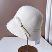 赫本风蝴蝶结水桶帽子，礼帽女秋冬优雅白色，帽子羊毛渔夫帽百搭盆帽
