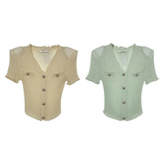 3.1xy绿色v领短款短袖，针织衫单排扣修身开衫，上衣时尚休闲洋气