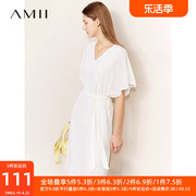 Amii2024夏初恋系白色连衣裙法式荷叶袖雪纺裙女V领收腰裙子
