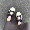 羊皮版~圆头百搭魔术贴一字带厚底单鞋女夏季真皮帆布鞋松糕鞋潮