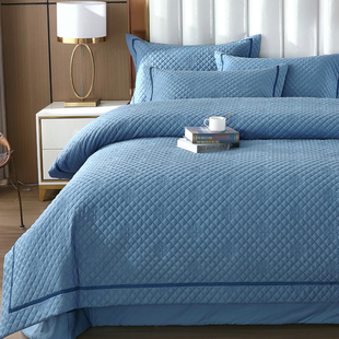 纯色大气夹棉加厚被套绗缝床盖四件套1.8m纯棉，床上用品绗缝床单