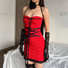 weirdpuss欧美风设计感黑色，蕾丝撞色拼接系带，红色抹胸连衣裙女