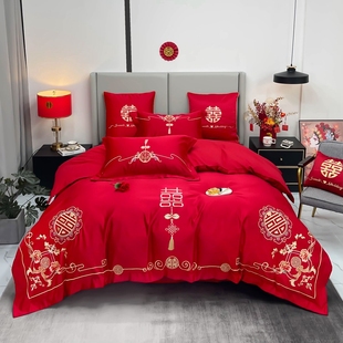 新婚庆(新婚庆)四件套全棉，大红色简约刺绣结婚房，喜庆被套纯棉婚礼床上用品