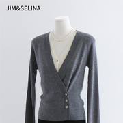 jim&selina羊毛短款马甲，交叉开衫针织衫，两件套装长袖秋冬女装