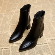 马丁靴女外穿2023年秋冬黑色尖头短靴高跟鞋粗跟小个子瘦瘦靴