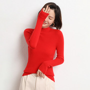 红色羊毛衫女秋冬半高领长袖套头针织衫一寸领线衣中领加厚打底衫