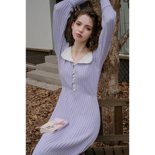 mqueen紫薯奶昔，法式蕾丝翻领紫色连衣裙，复古内搭厚针织长裙8724
