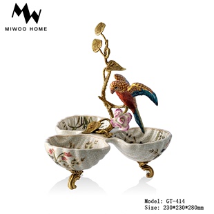 欧美法式茶几干果碟居家实用糖果盘纯铜，手绘陶瓷小鸟拼盘软装饰品
