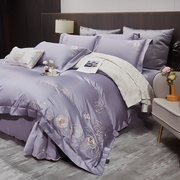 速发新婚庆床上四件套全棉纯棉紫色绣花家纺被套床单2米双人床品