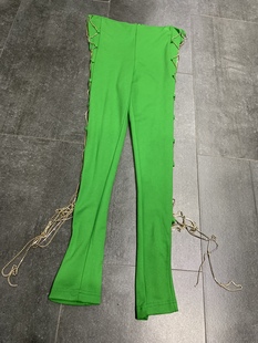 绿色侧边穿铁链条修身打底外穿长裤