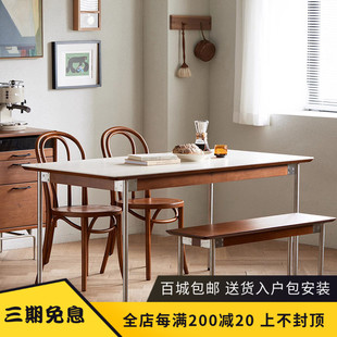 北欧复古岩板餐桌家用小户型原木长方形饭桌不锈钢实木餐桌椅组合