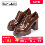 Hongkee/红科2024年春厚底小皮鞋防水台高跟系带单鞋HA84S113