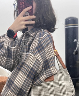 XH磨毛厚呢格子衬衫女宽松中长款秋春季港味百搭衬衣外套潮