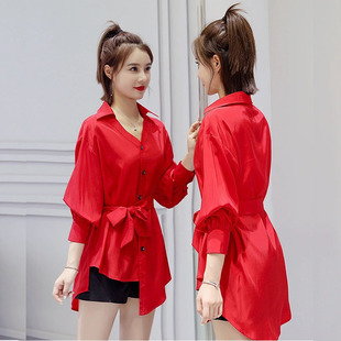 衬衫女设计感小众上衣2024红色，中长雪纺衫，系带前短后长不规则衬衣