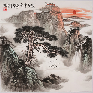 四尺斗方国画泰山旭日东升手绘山水画水墨画办公室装饰画王涛0290