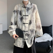 新中式男装中国风衬衫男夏季薄款高级感水墨画，盘扣衬衣透气上衣潮