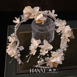 法式缎面香槟色花朵水晶珍珠发箍花环，婚礼头饰婚纱新娘配饰品
