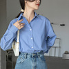 女装衣依阿玛施2023秋时尚法式复古慵懒风蓝色条纹衬衫