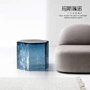 玛斯菲诺现代白色创意玻璃茶几客厅，落地高级摆件，蓝色透明边几沙发