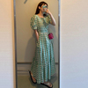 韩国chic夏季复古气质方领撞色，提花系带收腰显瘦短袖格子连衣裙女