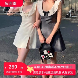 EVAN/22设计感翻领泡泡袖娃娃领收腰高腰气质开叉连衣裙shushuton