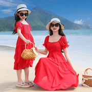 亲子装连衣裙红色母女装2024时尚飘逸雪纺裙子海边度假沙滩裙