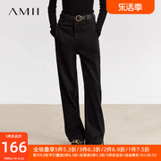 Amii2024冬休闲高腰裤棉质加绒牛仔裤长裤女黑色弹力休闲裤子