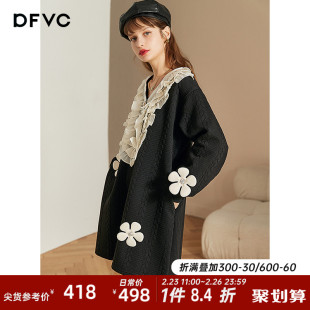 dfvc黑色v领拼接蕾丝，卫衣裙连衣裙女秋冬2022年宽松长袖a字裙