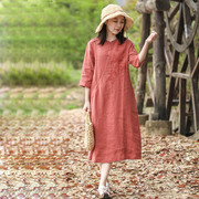 文艺亚麻纯色刺绣半袖连衣裙女 夏季中式套头宽松小个子中长裙