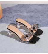 半拖凉鞋女夏季外穿拖鞋2024年透明水晶粗跟仙女风女士高跟鞋