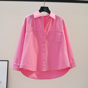 玫粉色棉衬衫女设计感宽松长袖休闲衬衣2024时尚百搭显瘦上衣