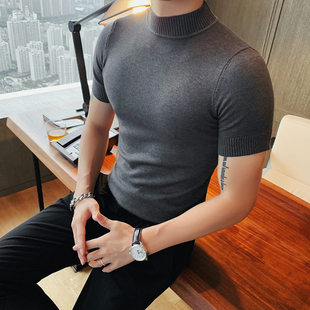 男装韩版修身男士半高领，短袖t恤型男紧身弹力针织衫圆领打底线衫