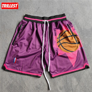 Trillest太阳紫色短裤闪电标印花复古美式篮球裤双层