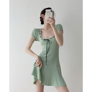icts香草薄荷慵懒风撞色针织，连衣裙女夏季绿色中长裙设计感