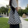 2021韩版黑白格子撞色棋盘，格针织包包，大容量托特包单肩包女潮