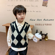 儿童毛衣两件套男女童2022秋学院，风针织菱格v领马甲宝宝纯色衬衫