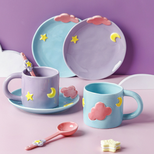 星月童话餐具系列釉下彩，陶瓷西餐盘马克杯，云朵水杯勺子设计款