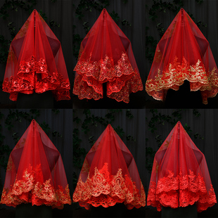 新娘出嫁头纱凤冠霞帔盖头，结婚礼服中式复古秀禾服半透明红色盖头