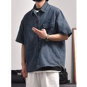牛仔短袖衬衫夏天新中式小众设计感盘扣深蓝色，衬衣男国风外套潮流