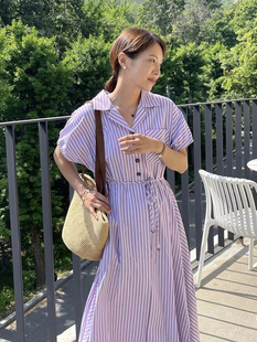 韩国chic夏季复古西装领设计感小众系带收腰条纹衬衫连衣裙女